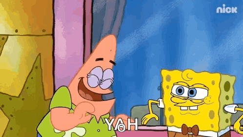 patrick star and spongebob squarepants are standing next to each other in a room .