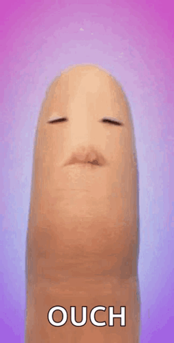 A finger-like character on a purple background says “OUCH.”