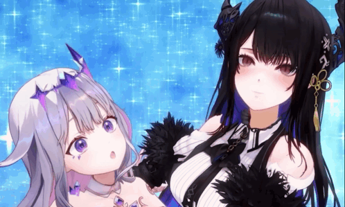 two anime girls are standing next to each other