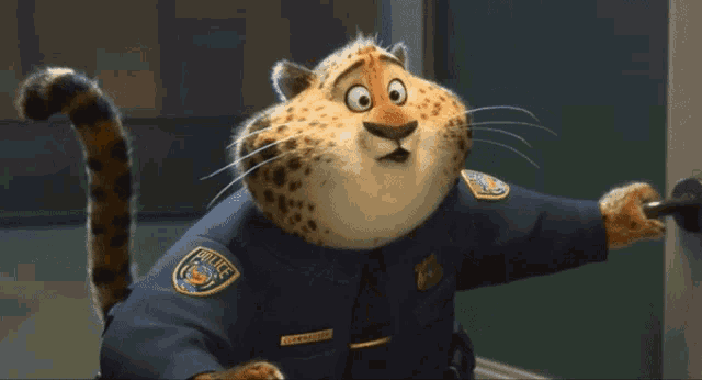 Officer Clawhauser from Zootopia points cheerfully with “AWW.”