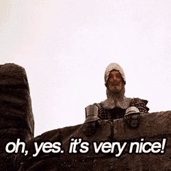 a man in a knight 's armor says " oh yes it 's very nice ! "