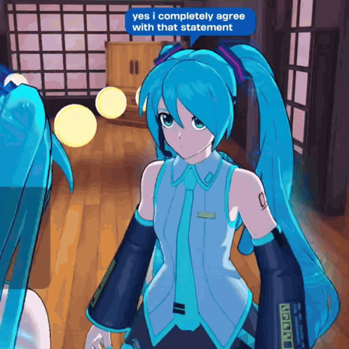 a cartoon character with blue hair says yes i completely agree with that statement in a blue box