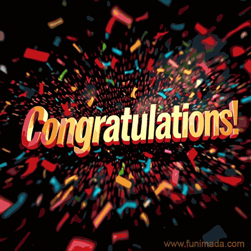 “Congratulations!” text bursts through red and black confetti.