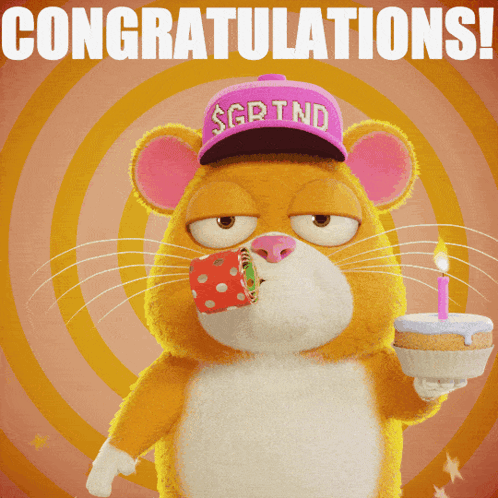 A hamster in sunglasses and a graduation cap holds a drink under Congratulations text.