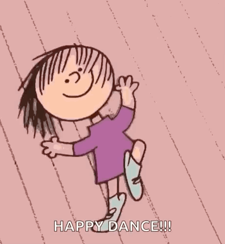 a cartoon of a girl in a purple dress jumping in the air with the words `` happy dance '' .