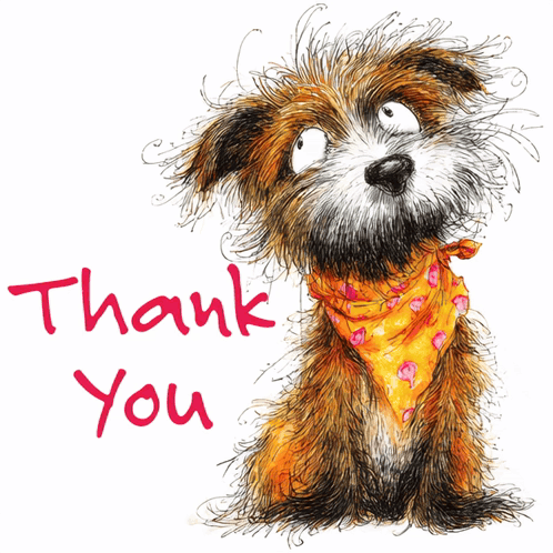 A scruffy little dog in an orange bandana appears beside handwritten red text, “Thank You.”