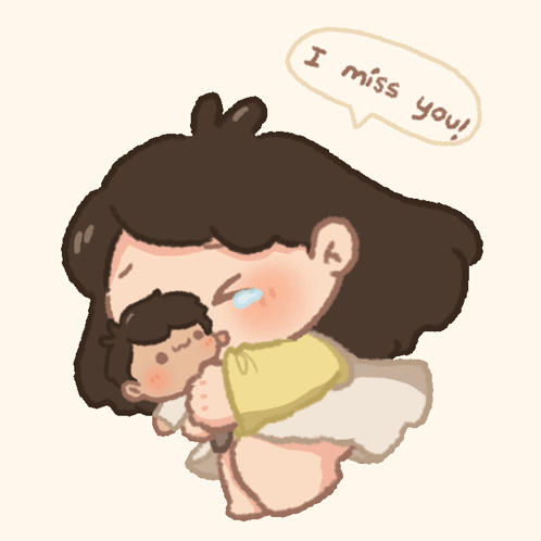 A cartoon girl hugs a small pet and says “I miss you.”
