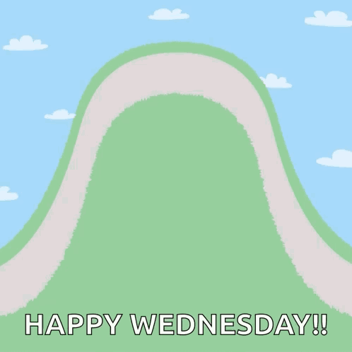 a dog is riding a skateboard up a hill with the words happy hump day written around it