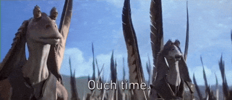 Two Gungans stand outdoors with the caption “Ouch time.”