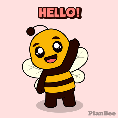A smiling cartoon bee waves under “HELLO!”
