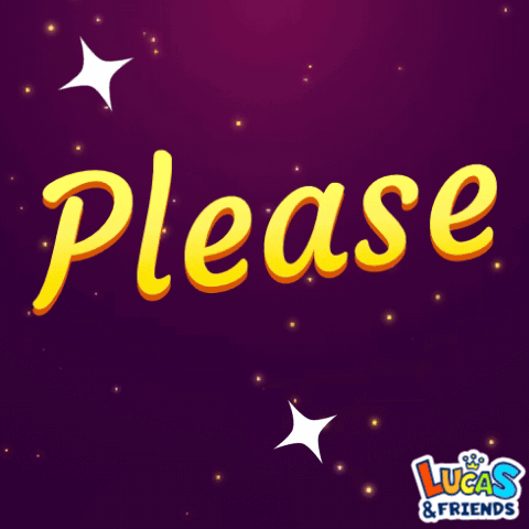 The word “Please” appears in yellow script on a purple sparkling background.