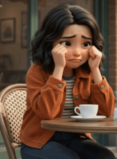 a girl sitting at a table with a cup of coffee