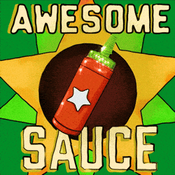 A football and hot sauce bottle appear beneath large “AWESOME SAUCE” lettering.