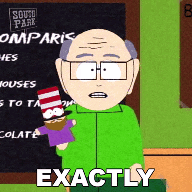 a cartoon character from south park is holding a puppet in front of a sign that says exactly