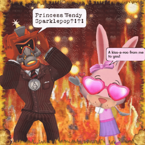 a cartoon of a man and a rabbit talking about princess wendy sparklepop