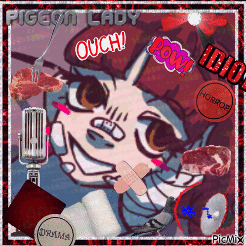 A chaotic red-and-black anime collage features a distressed character and repeated “OUCH!” text.