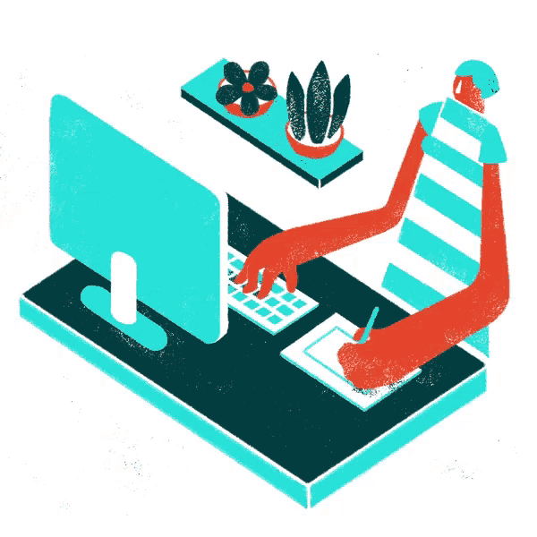 an illustration of a person sitting at a desk with a computer and a pen