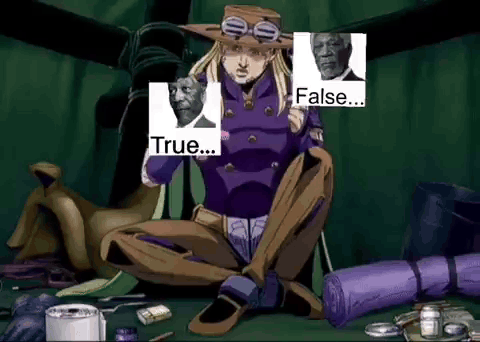 a cartoon character is sitting in a dark room holding a sign that says " true "