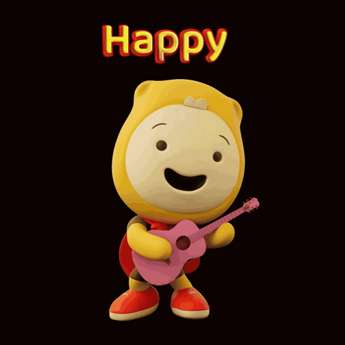 A small yellow cartoon character plays a guitar beneath the word “Happy.”