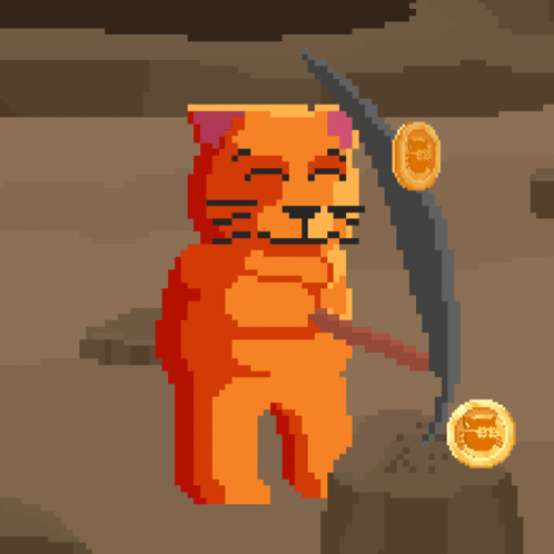 a pixel art drawing of a cat holding a shovel
