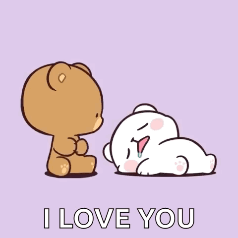 A cartoon bear watches a white bear sleep with “I LOVE YOU” text.