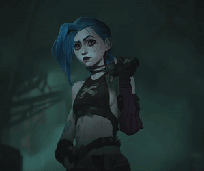 Jinx stands in a shadowy blue-green scene with a solemn expression.
