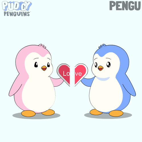 a pink and blue penguin holding a heart with the word love on it