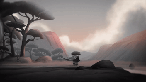 a person with an umbrella in a landscape with trees and rocks