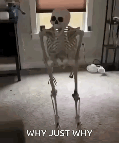 A skeleton stands in a room beneath the caption “WHY JUST WHY.”