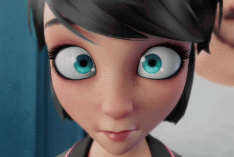 a close up of a cartoon girl 's face with blue eyes
