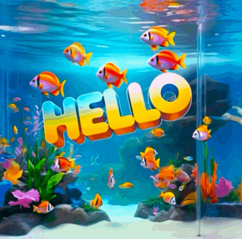 Colorful fish swim around shiny “HELLO” letters underwater.