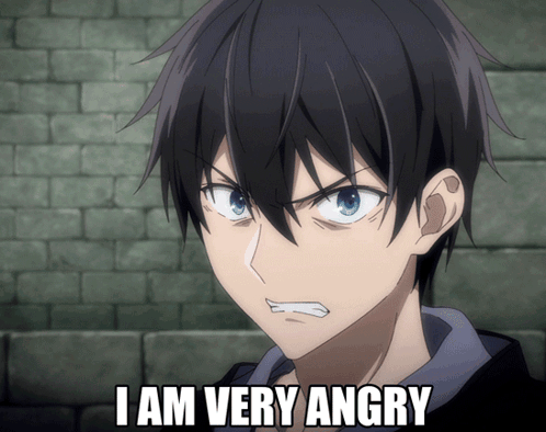 An anime boy glares, captioned “I AM VERY ANGRY.”