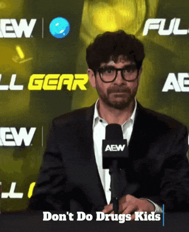 Tony Khan stands at an AEW microphone with the caption “Don’t Do Drugs Kids!”