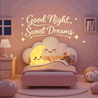 Two cute animals cuddle asleep in a warmly lit bedroom under “Good Night Sweet Dreams.”