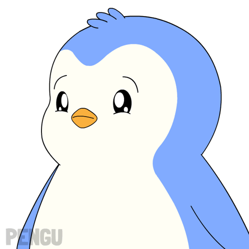 A blue-and-white cartoon penguin looks worried on a white background.