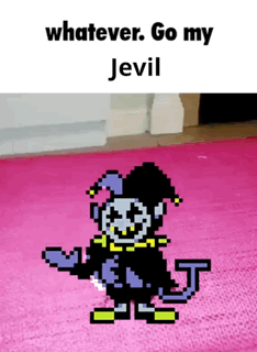 Jevil from Deltarune poses on pink carpet under meme text.
