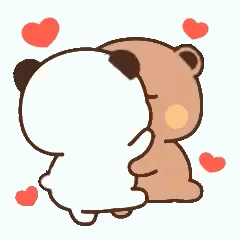 Bubu and Dudu hug affectionately while small red hearts float around them.