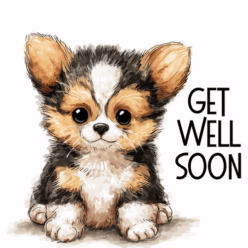a brown and white puppy with the words get well soon behind it