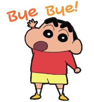 Shin-chan waves beneath handwritten orange text reading “Bye Bye!”.