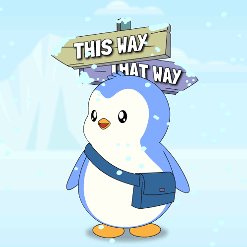 a penguin is standing under a sign that says this way