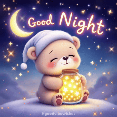 A sleepy cartoon bear hugs a glowing lantern under the words “Good Night.”