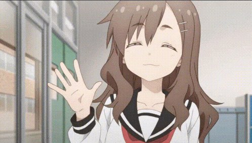 An anime schoolgirl smiles softly and waves at the viewer.