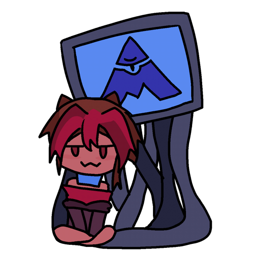 a cartoon character with red hair is sitting in front of a blue triangle