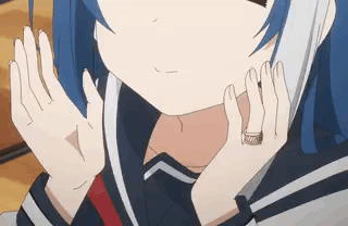 A blue-haired anime girl holds both hands near her cheeks in a weary gesture.