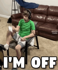 A tired man in a green shirt sits on a folding chair with the caption “I'M OFF.”