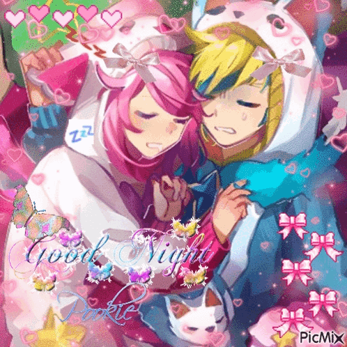 Anime-style Lux and Ezreal cuddle amid pink hearts in matching pajamas.