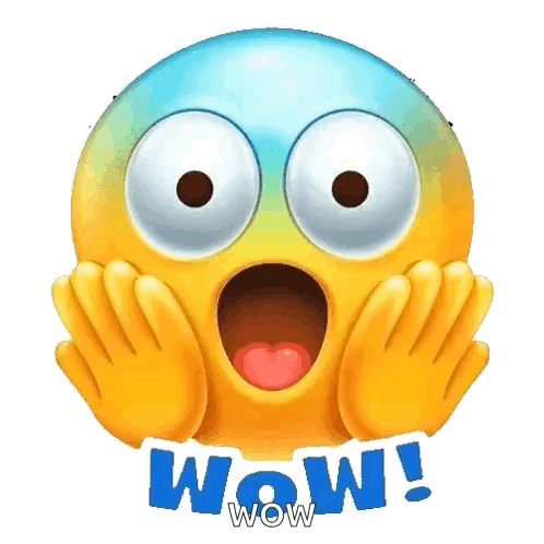 A wide-eyed blue emoji holds its cheeks above a blue “Wow!” caption.
