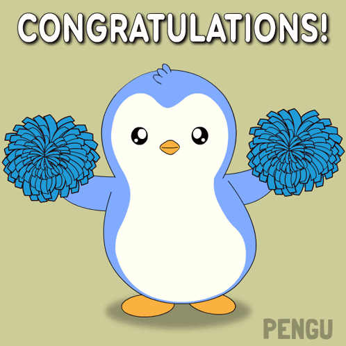 A blue cartoon penguin holds pom-poms beneath the caption “CONGRATULATIONS!”