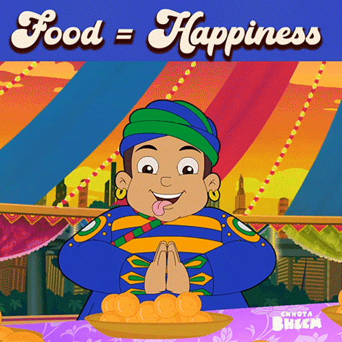a cartoon of a man eating food with the words food = happiness behind him