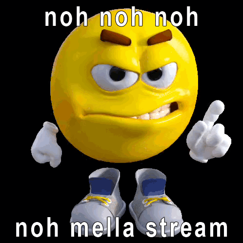 An angry yellow emoji character points while text repeats “noh noh noh.”